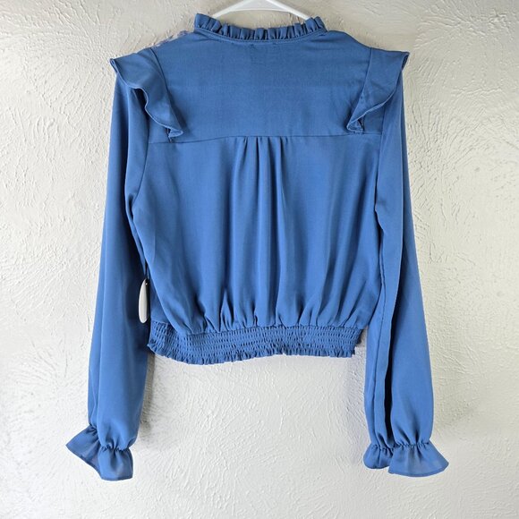 Victorian Buttondown Shirt M Blue Satin Ruffled Bell Sleeve Regency Preppy Top - Picture 2 of 13